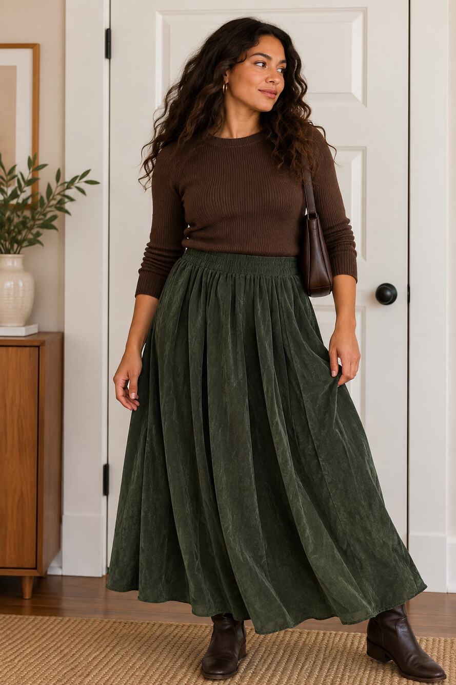 Vintage Forest Green Rayon Maxi Skirt Size 14 Flowy Minimalist Boho ✨